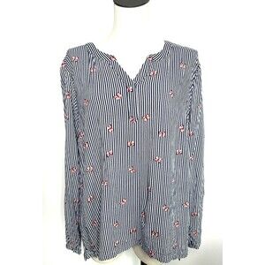 Christopher & Banks Blouse Blue Striped V-Neck Top Butterfly Size XL